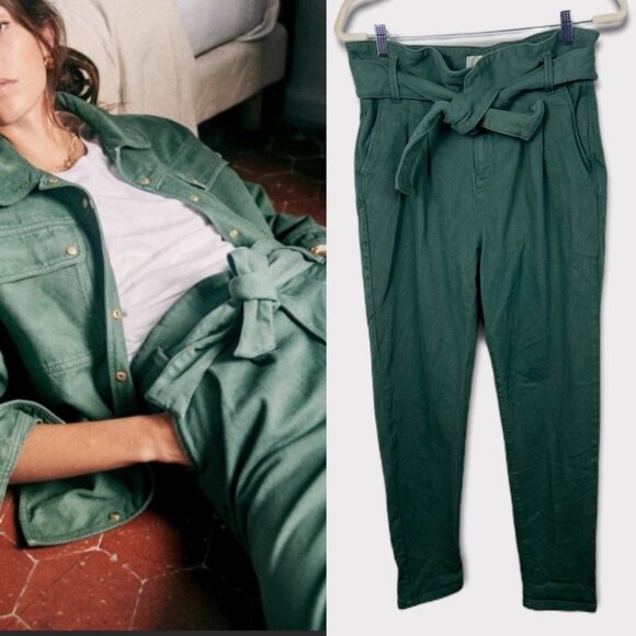 Sezane High Rise Paperbag Waist Pants‎ Size 38 French US Size 6 Jade Green Boho - Picture 1 of 16